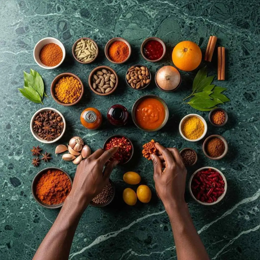 Texte alternatif (alt text) en français :Épices africaines colorées et ingrédients exotiques avec les mains de NKOSI