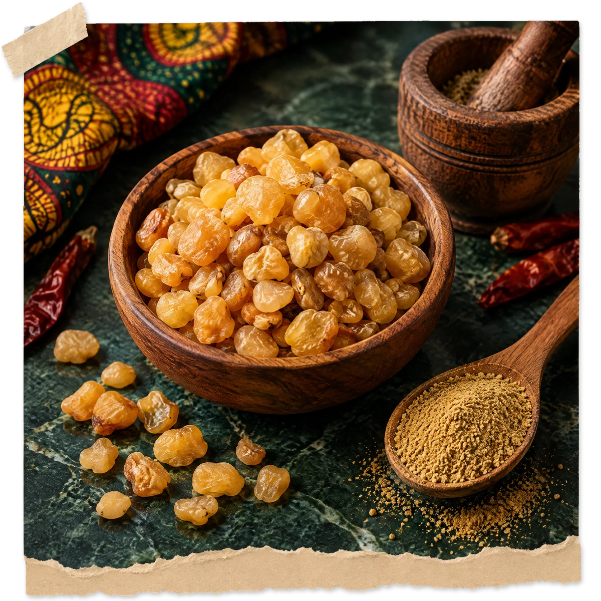 Graines de djansang (akpi) jaune doré dans un bol en bois, cuillère de poudre
