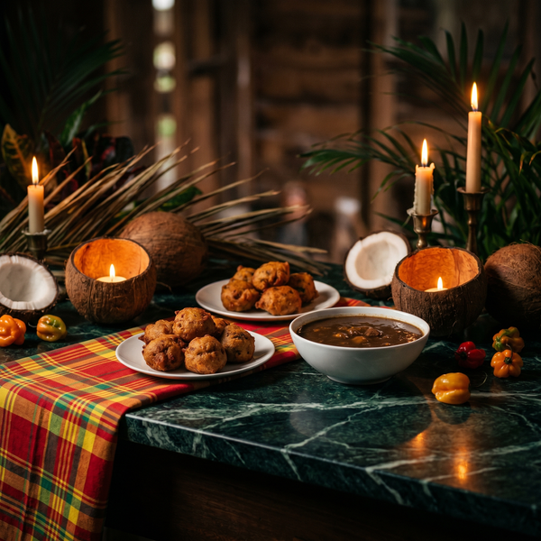 Halloween créole : beignets dorés et bol de soupe, noix de coco, bougies, piments et madras sur marbre vert