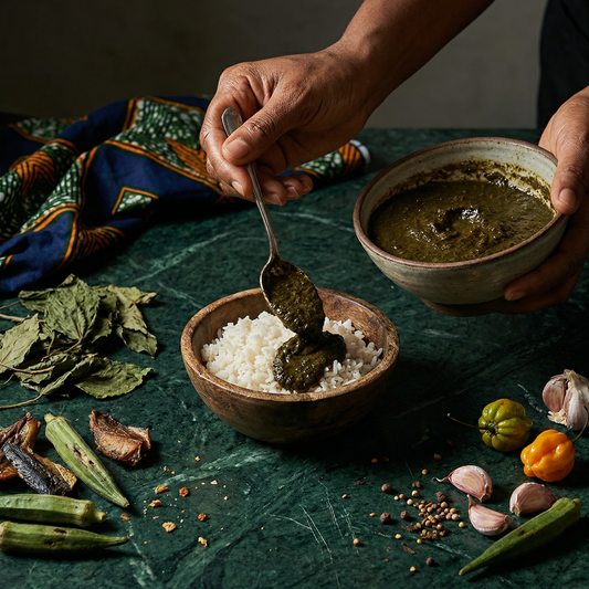 Sauce Lalo sénégalaise aux feuilles de gombo séchées, poisson fumé et crevettes — Recette africaine traditionnelle | Épicerie africaine en ligne NKOSI