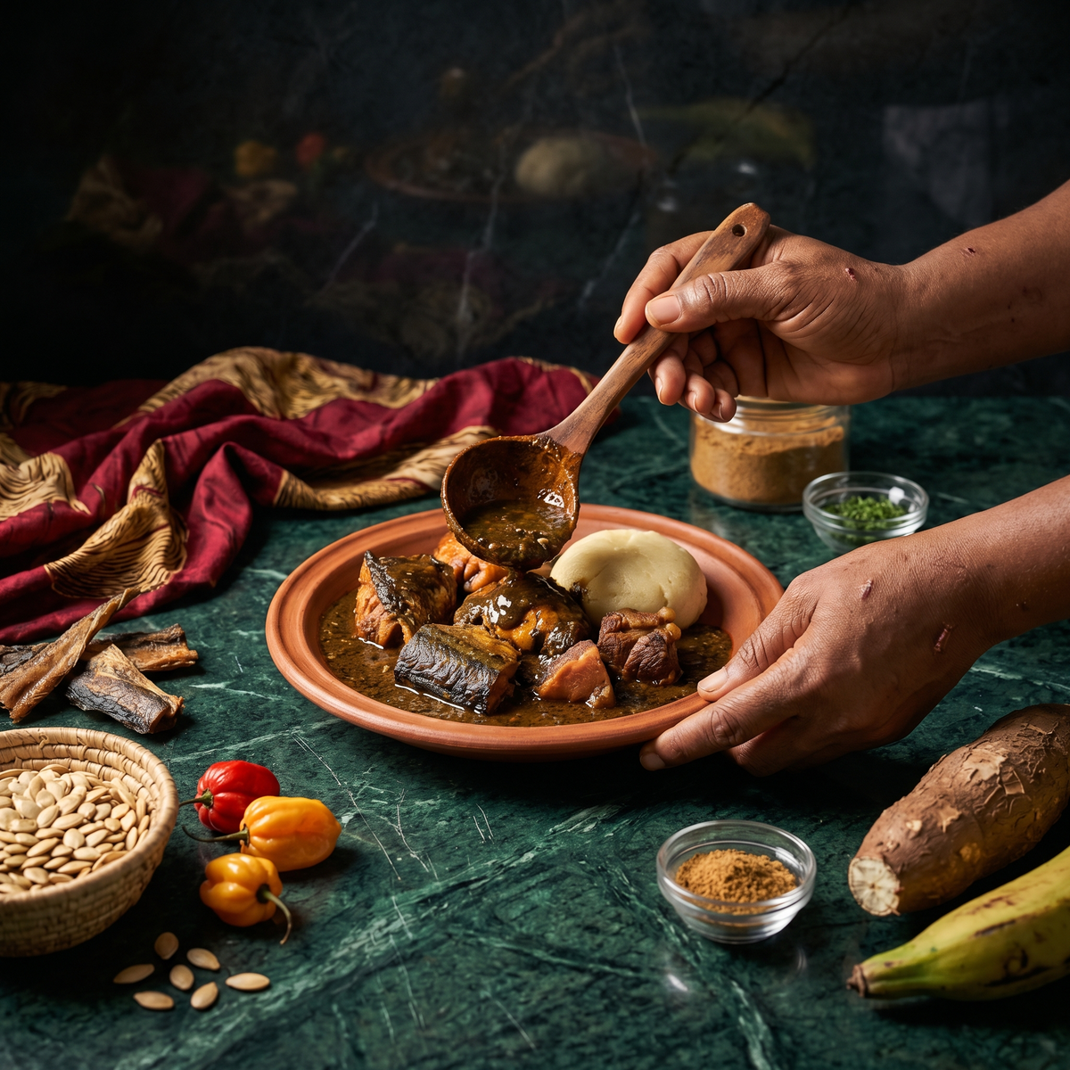 Sauce Djoumblé camerounaise aux feuilles séchées, arachides et viande — Recette africaine authentique | Épicerie africaine en ligne NKOSI