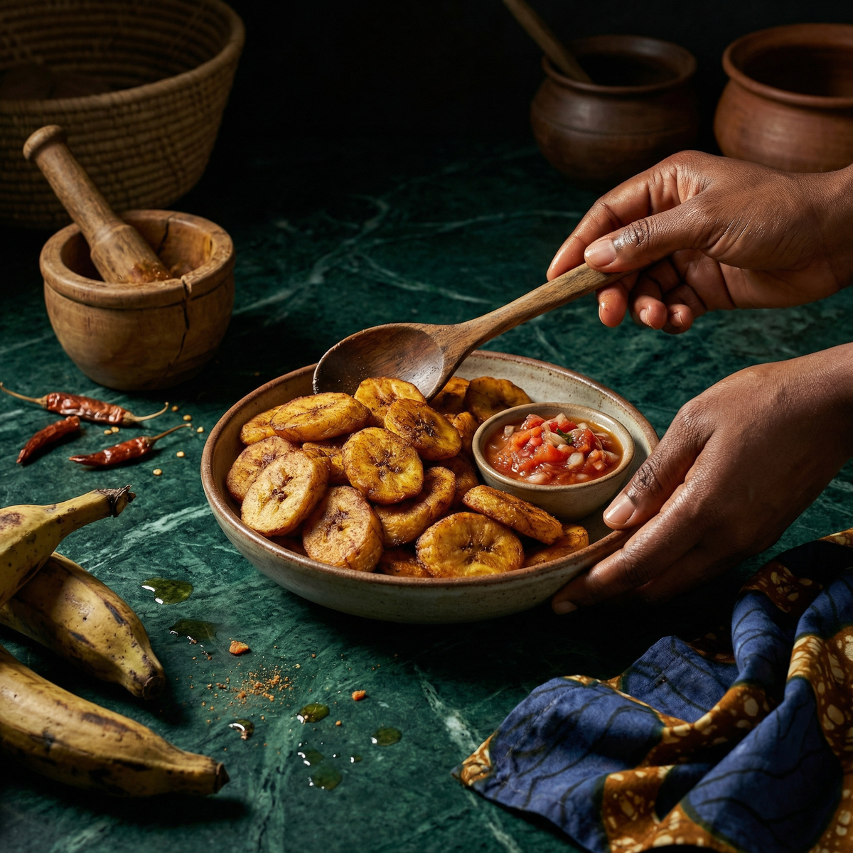 Alloco ivoirien — banane plantain frite croustillante à la sauce tomate pimentée — Street food africain | Épicerie africaine en ligne NKOSI