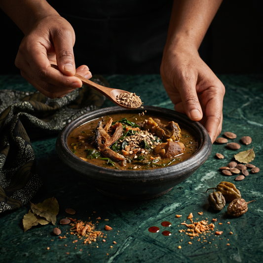 Soupe Ogbono nigériane épaissie aux graines de mangue sauvage, viande et légumes — Recette africaine authentique | Épicerie africaine en ligne NKOSI