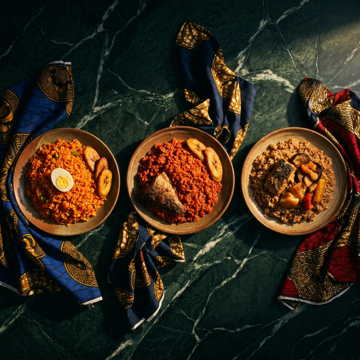 Jollof rice : trois assiettes de riz orange, rouge et brun, œuf, banane plantain et poisson sur marbre vert et wax