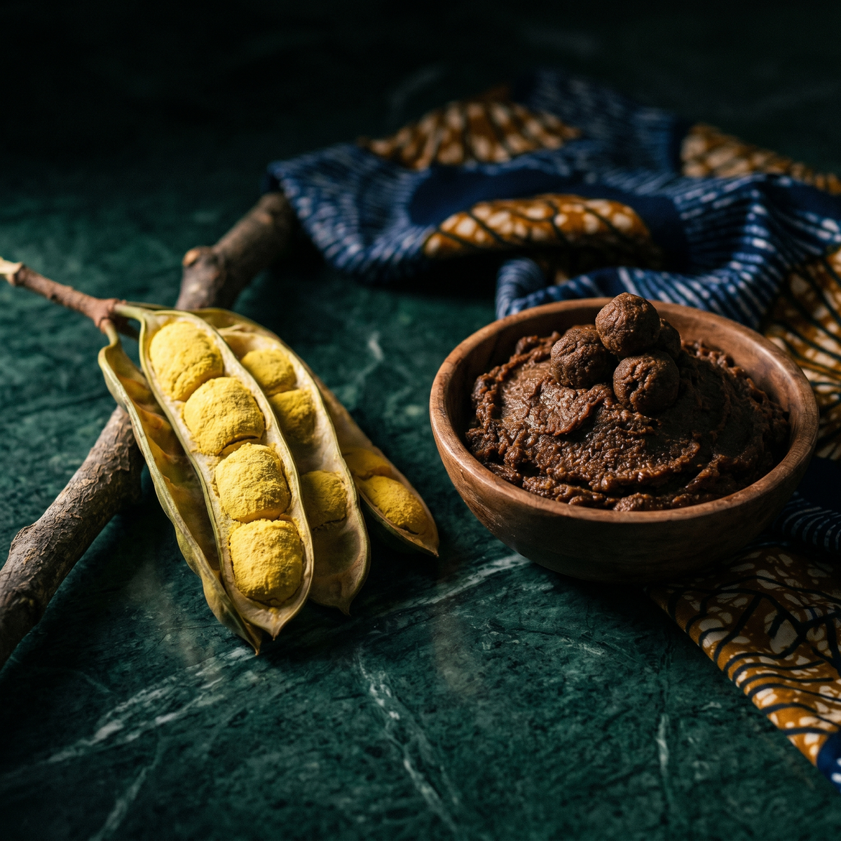Soumbala en pâte brune dans un bol en bois, à côté de gousses de néré ouvertes aux graines enrobées de pulpe jaune farineuse