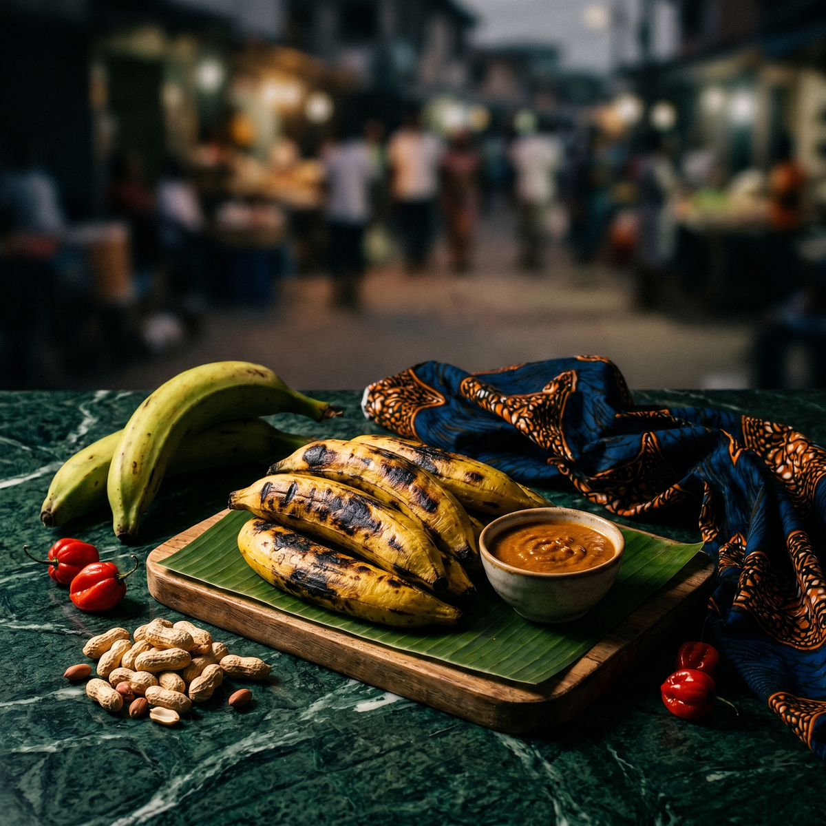 Boli nigérian, bananes plantains grillées tachées de noir sur une feuille de bananier, avec sauce épicée et cacahuètes