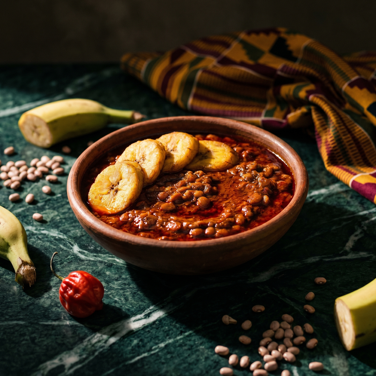 Red red ghanéen : ragoût de niébé rouge en bol de terre cuite, rondelles de plantain frit, haricots crus et piment