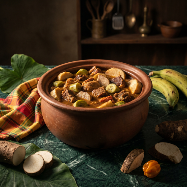Soupe à Congo de Guadeloupe : marmite en terre cuite de viande et tubercules, bananes plantains, madras et piment