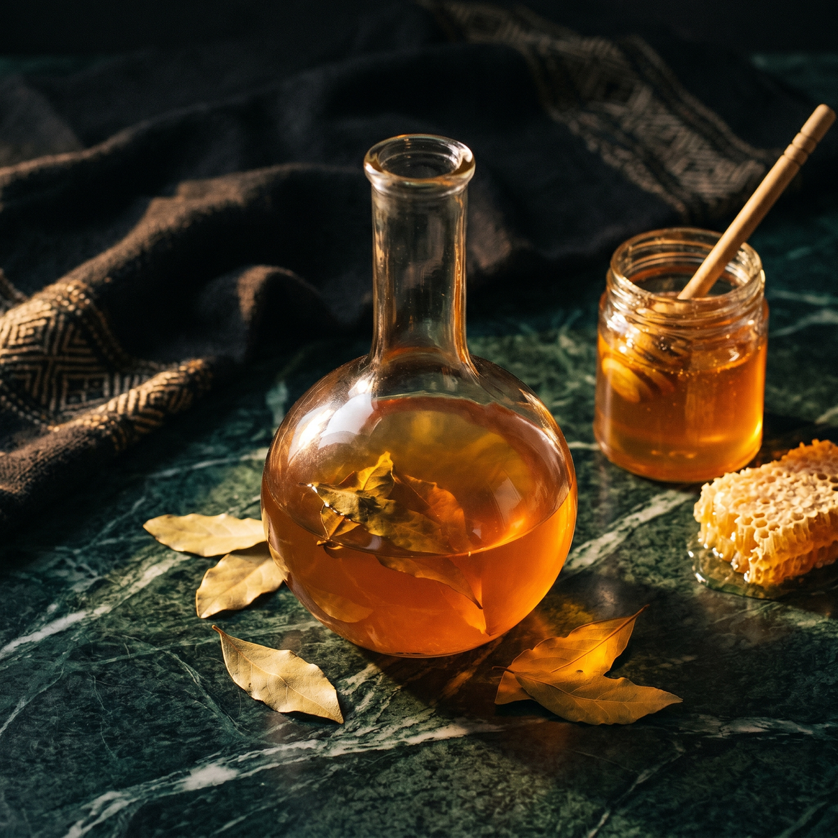 Tej éthiopien, hydromel ambré dans une fiole en verre, pot et rayon de miel, feuilles sèches sur marbre vert