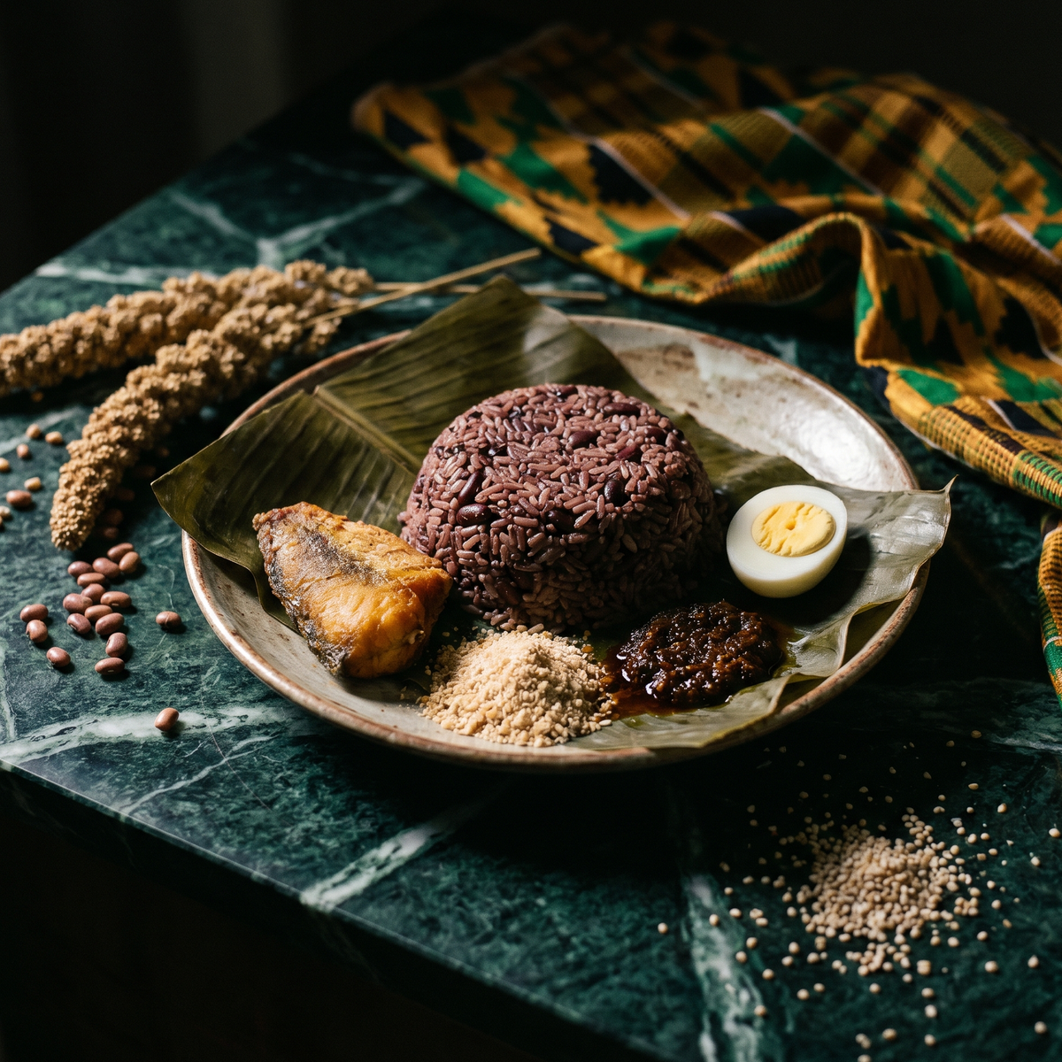 Waakye, plat ghanéen : riz et haricots rouge sombre sur feuille de bananier, œuf dur, poisson frit et épis de sorgho