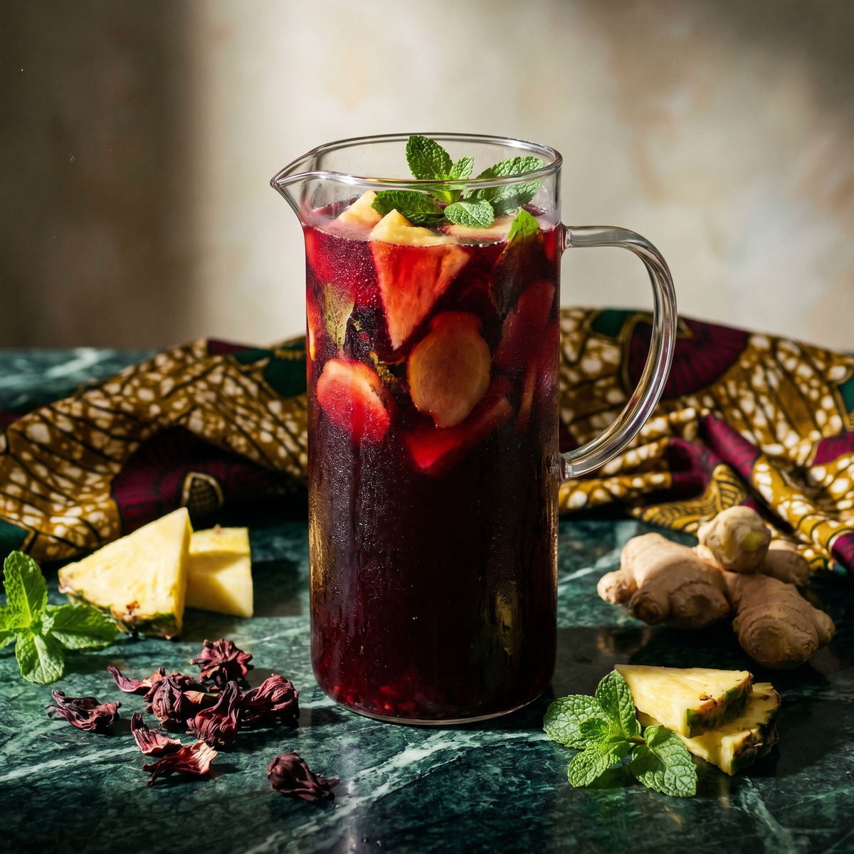 Zobo nigérian : carafe d'infusion d'hibiscus glacée aux morceaux d'ananas et à la menthe, avec gingembre et fleurs séchées