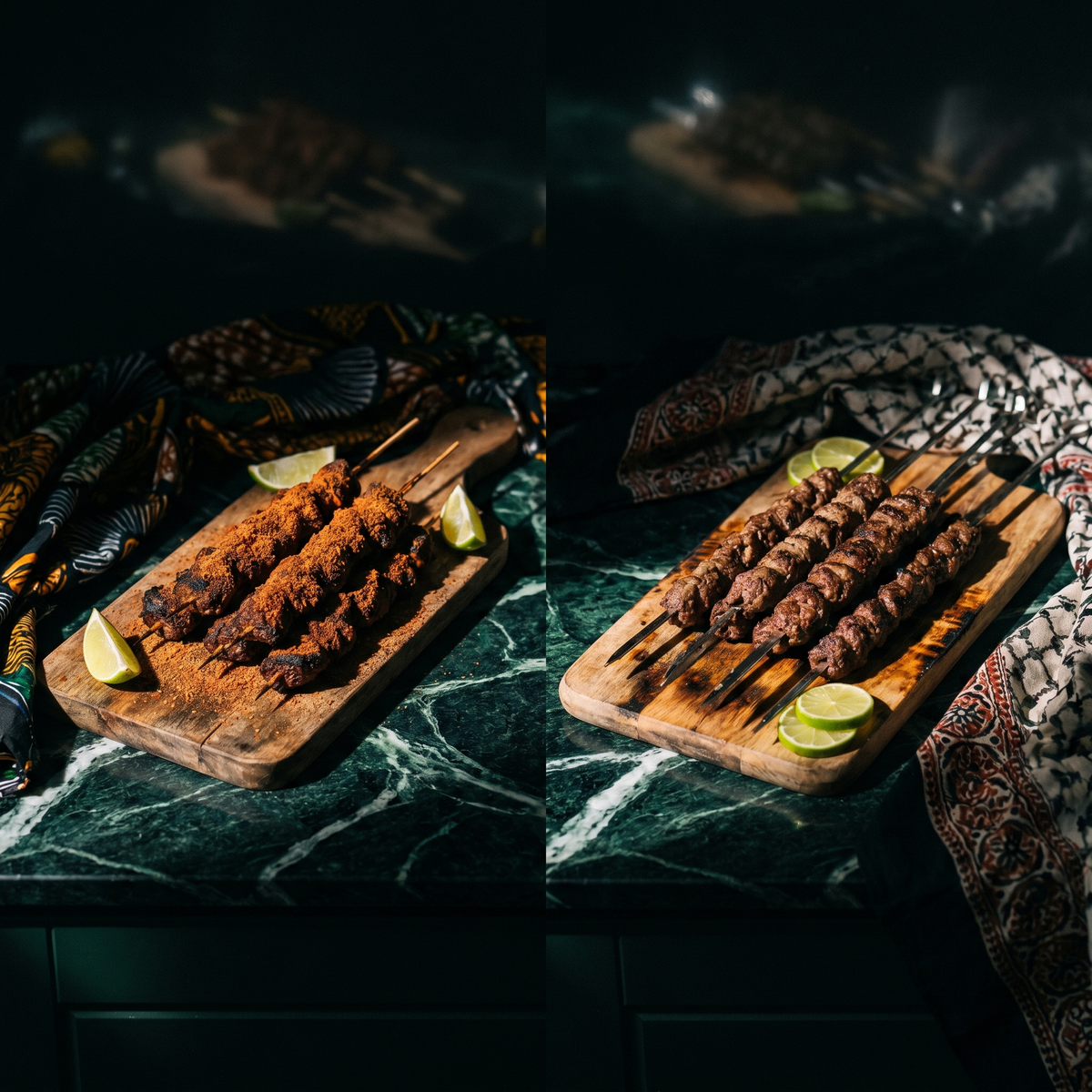 Suya nigérian et kebab en deux vues, brochettes grillées sur planches en bois avec citrons verts, pagne wax et tissu à motifs