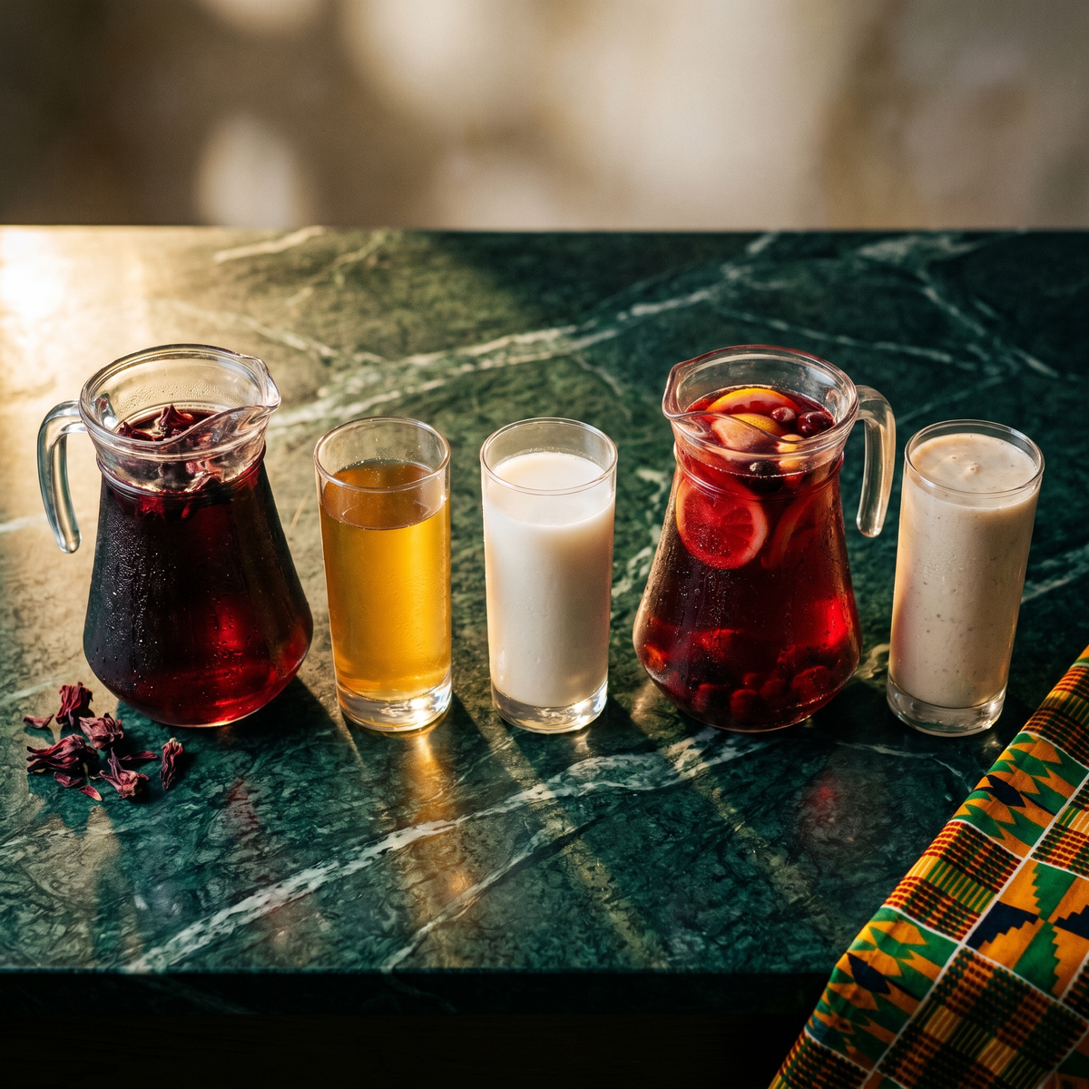 Boissons africaines : carafes rouges de bissap, fleurs d'hibiscus séchées, verres de boissons dorée et crémeuses