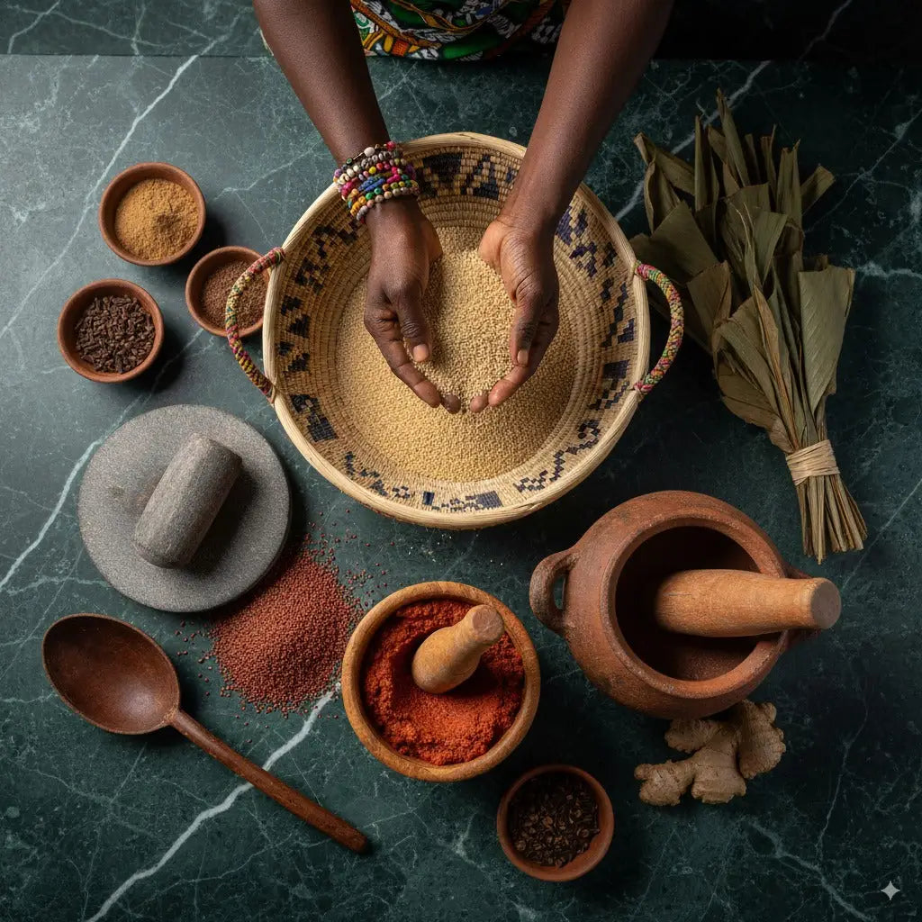 Accessoires de cuisine africains avec épices, mortiers et panier tressé, calebasse, talier, spatule