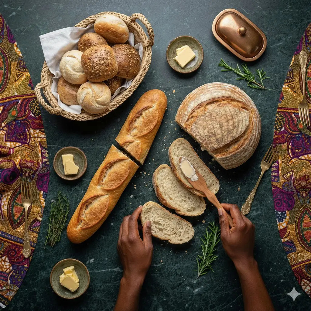Pain artisanal et baguette fraîche sur table de boulangerie élégante
