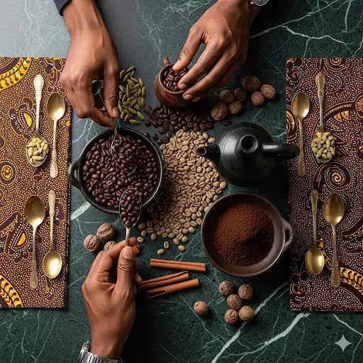 Grains de café et épices exotiques sur une table élégante