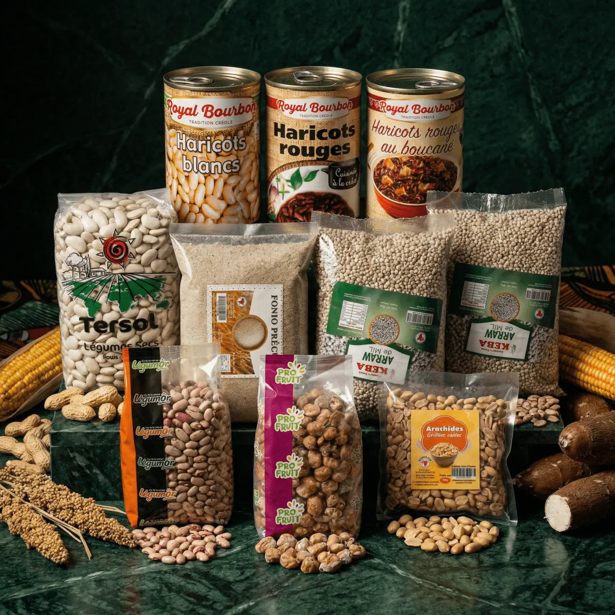 Ambiente cálido y auténtico de cereales y semillas africanas, con colores ricos.