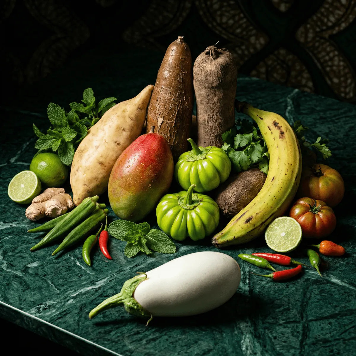 Surtido de frutas y verduras exóticas con colores vibrantes en verde oscuro jaspeado.
