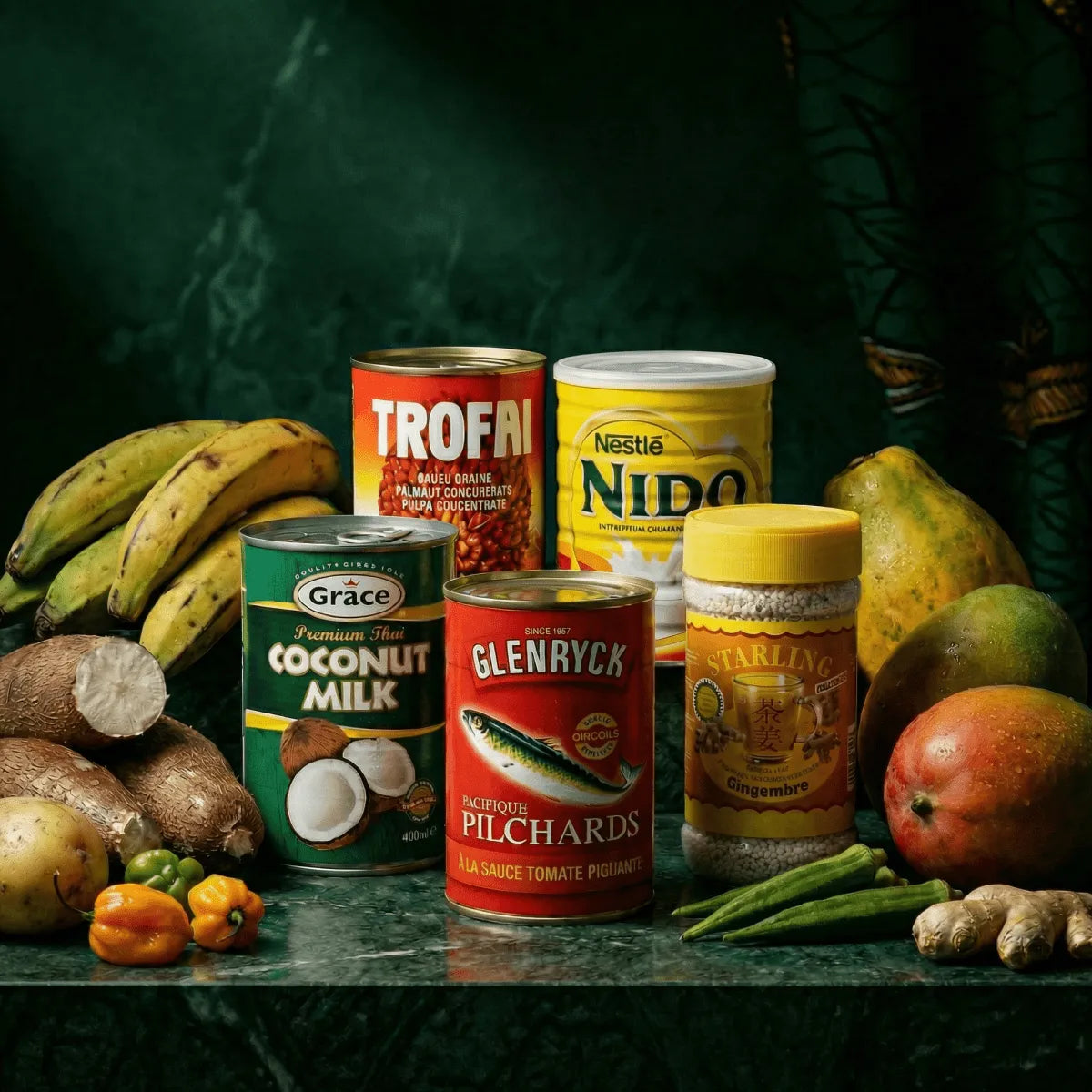 Bodegón exótico con colores vibrantes, mostrando alimentos tropicales.