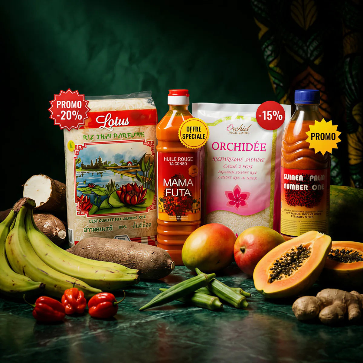 Oferta especial: arroz aromático, aceite de palma y frutas exóticas y tropicales.