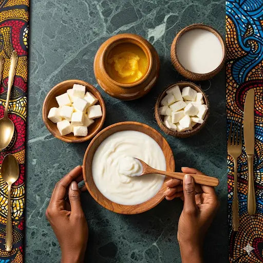 Produits laitiers artisanaux sur fond marbré, ambiance Crèmerie