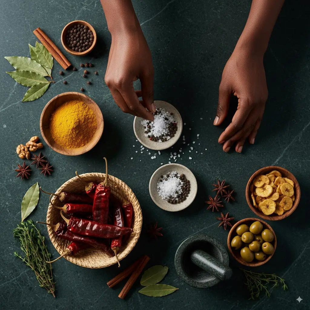 Épices salées et condiments sur table sombre avec mains en action