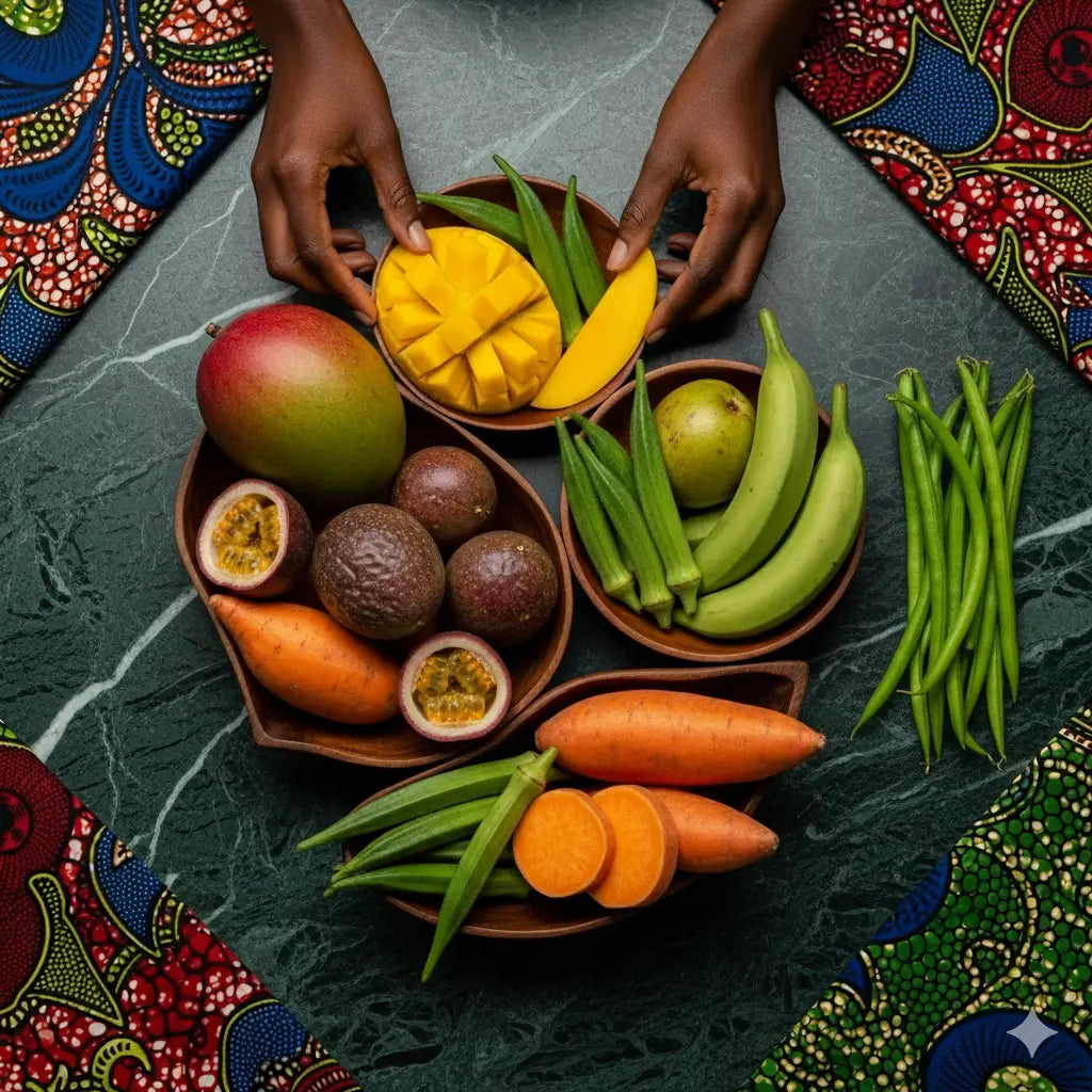 Fruits et légumes frais exotiques sur fond africain coloré