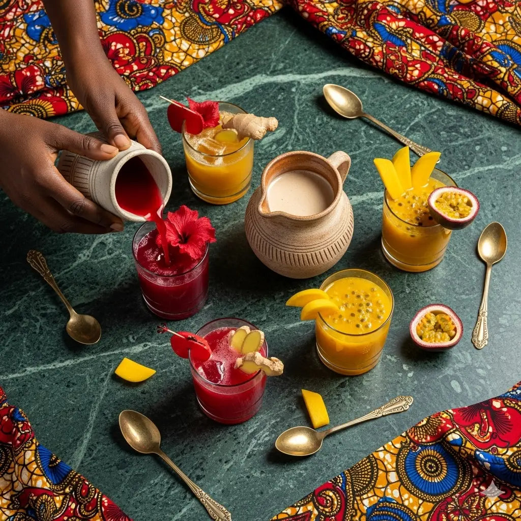 Jus exotiques faits maison à l'hibiscus, gingembre, mangue et passion