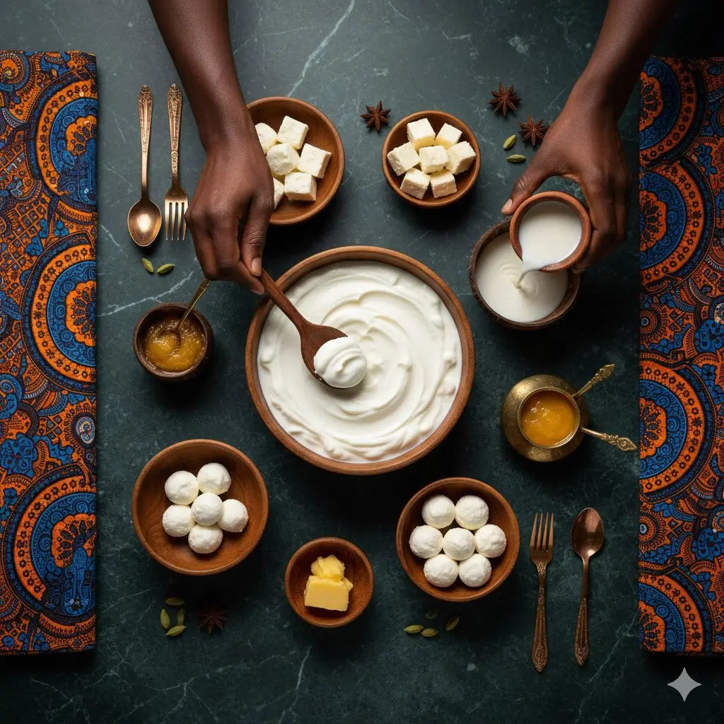 Produits laitiers artisanaux sur fond africain élégant et coloré