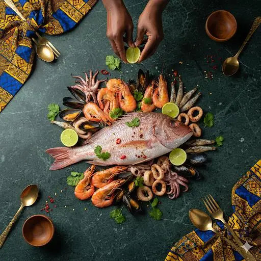 Plateau de poissons et fruits de mer frais avec citron et herbes.