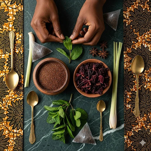 Feuilles de thé, rooibos, hibiscus et menthe sur fond africain élégant