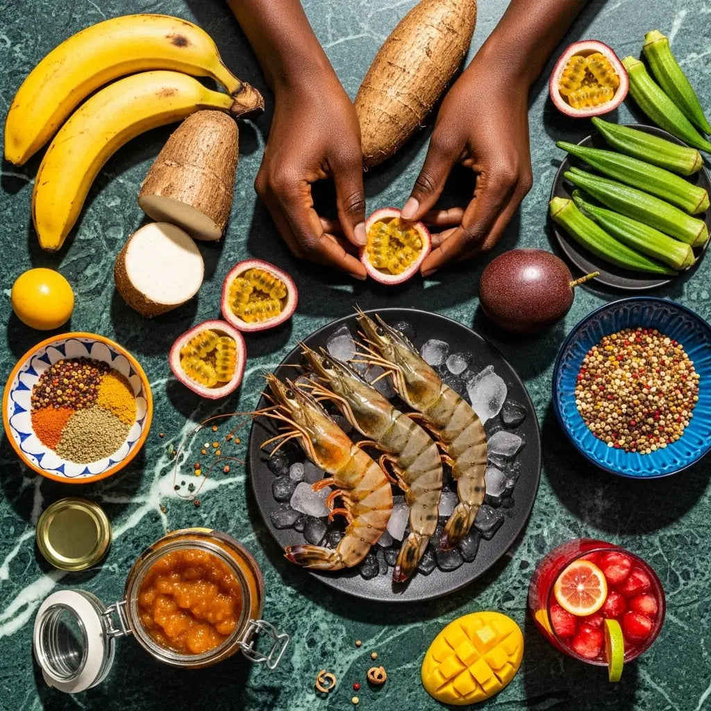 Produits exotiques : fruits de mer, fruits et légumes tropicaux, épices africaines et caribéennes.