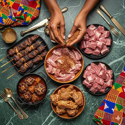 Assortiment savoureux de viandes africaines sur table traditionnelle exotique