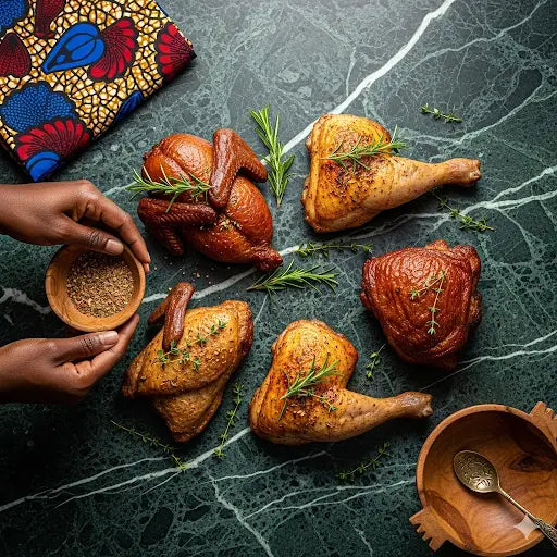 Délicieuses volailles rôties assaisonnées sur table en marbre vert exotique