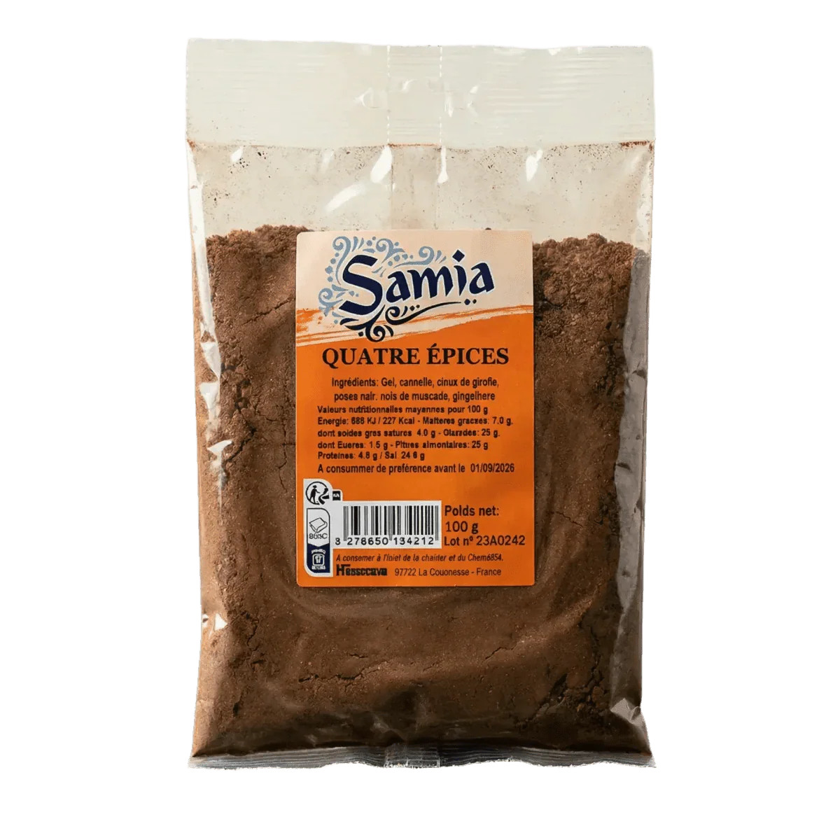 Zakje van 100g "Quatre Epices" kruiden van Samia, transparante en oranje verpakking.