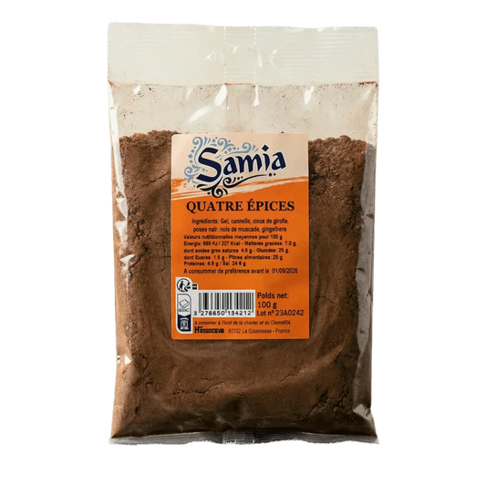 Zakje van 100g "Quatre Epices" kruiden van Samia, transparante en oranje verpakking.