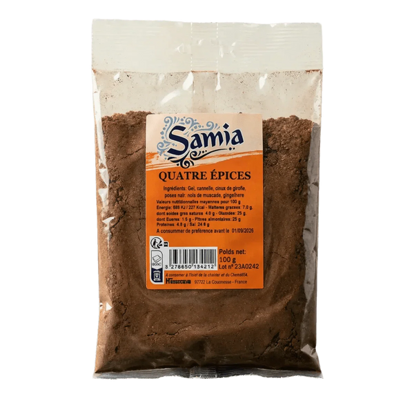 Sachet de 100g d'épices "Quatre Epices" Samia, emballage transparent et orange.