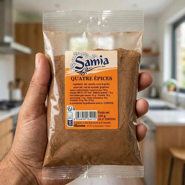 Paquet d'épices 4 Épices Samia, 100g, emballage transparent. Main tenant le sachet.