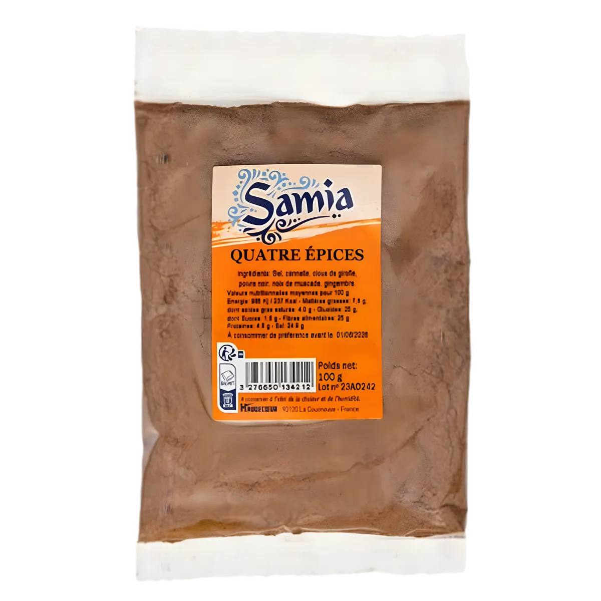 4 épices SAMIA - Mélange d'épices SAMIA en sachet de 100g, idéal pour assaisonner plats sucrés ou salés avec des notes chaudes et piquantes.