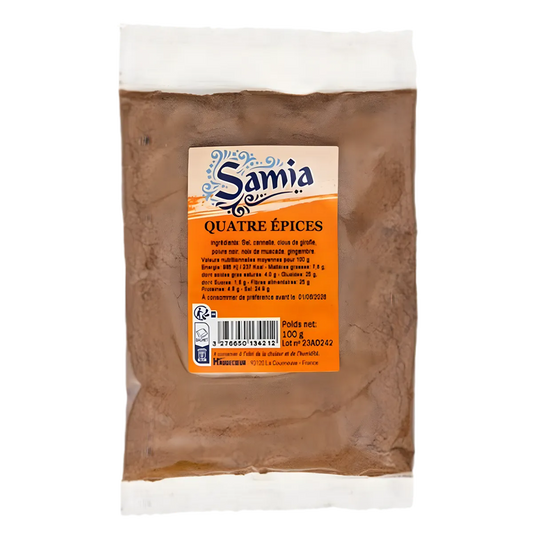 4 épices SAMIA - Mélange d'épices SAMIA en sachet de 100g, idéal pour assaisonner plats sucrés ou salés avec des notes chaudes et piquantes.