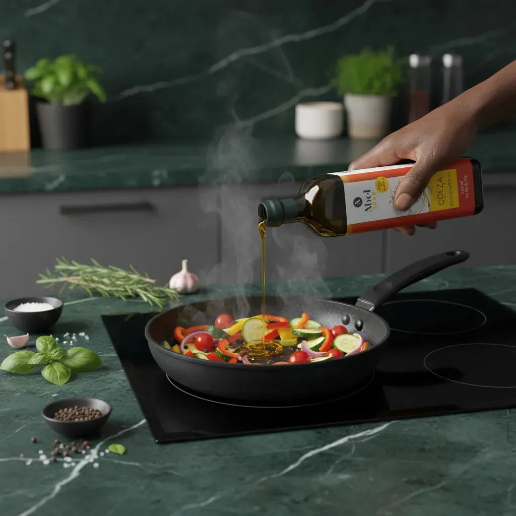 Huile de colza ABEL versée dans une poêle chaude avec légumes frais, parfaite pour la cuisson saine et la cuisine polyvalente à la maison.
