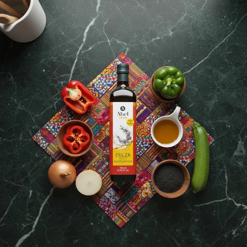 Huile de colza ABEL posée sur une nappe colorée avec légumes frais, parfaite pour une cuisine saine et équilibrée. Épicerie salée premium.
