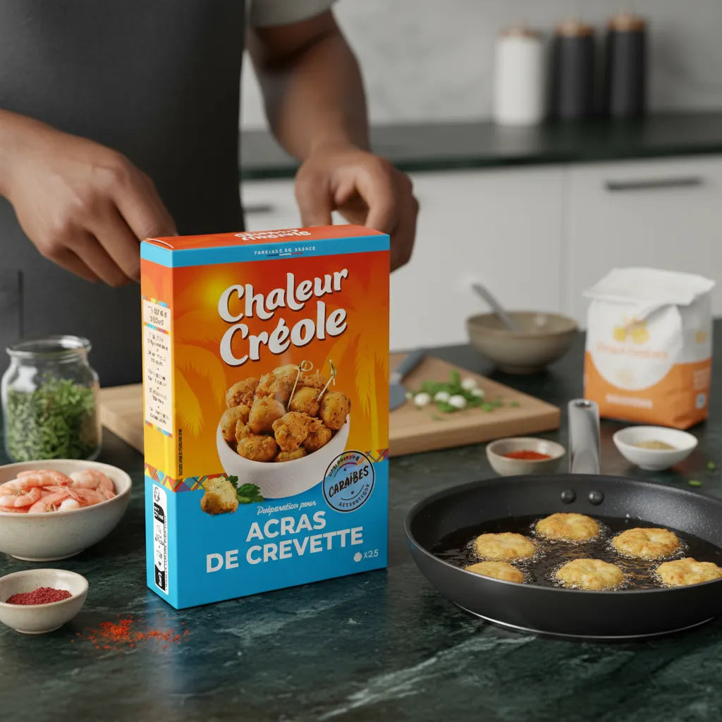 Préparation Chaleur Créole pour acras de crevette en cours de cuisson dans une poêle, ingrédients frais visibles sur un plan de travail.