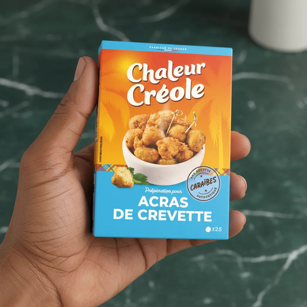 Main tenant la boîte de préparation pour acras de crevette Chaleur Créole, format compact idéal pour des encas savoureux faits maison.