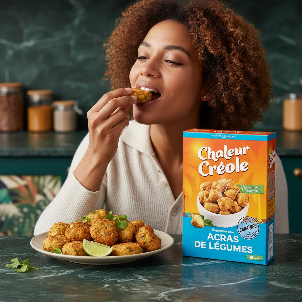 Femme dégustant des acras de légumes préparés avec le mélange CHALEUR CREOLE, boîte visible sur table, ambiance cuisine conviviale.