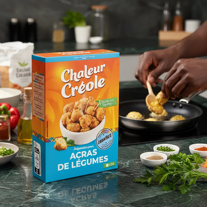 Préparation d'acras de légumes à la poêle avec la boîte CHALEUR CREOLE en avant-plan, ingrédients frais visibles sur le plan de travail.