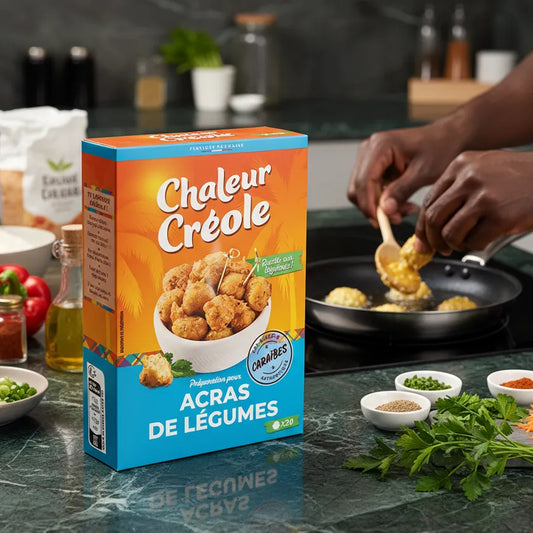 Préparation d'acras de légumes à la poêle avec la boîte CHALEUR CREOLE en avant-plan, ingrédients frais visibles sur le plan de travail.