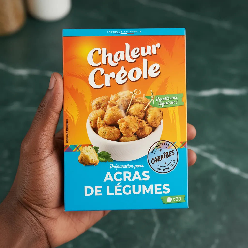 Main tenant la boîte de préparation pour acras de légumes CHALEUR CREOLE, design coloré et logo Recette des Caraïbes authentique.