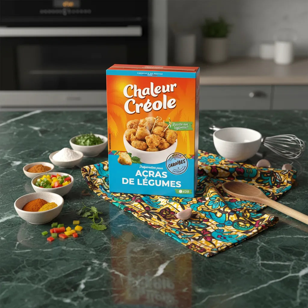 Boîte de préparation Acras Légumes CHALEUR CREOLE posée sur plan de travail avec ingrédients frais et épices, ambiance culinaire créole.