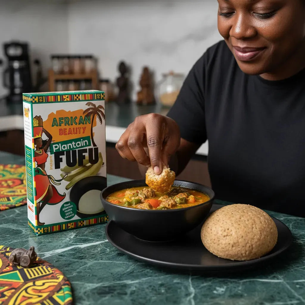 Femme dégustant du fufu préparé avec la farine de plantain verte AFRICAN BEAUTY, accompagné d’un ragoût africain traditionnel.